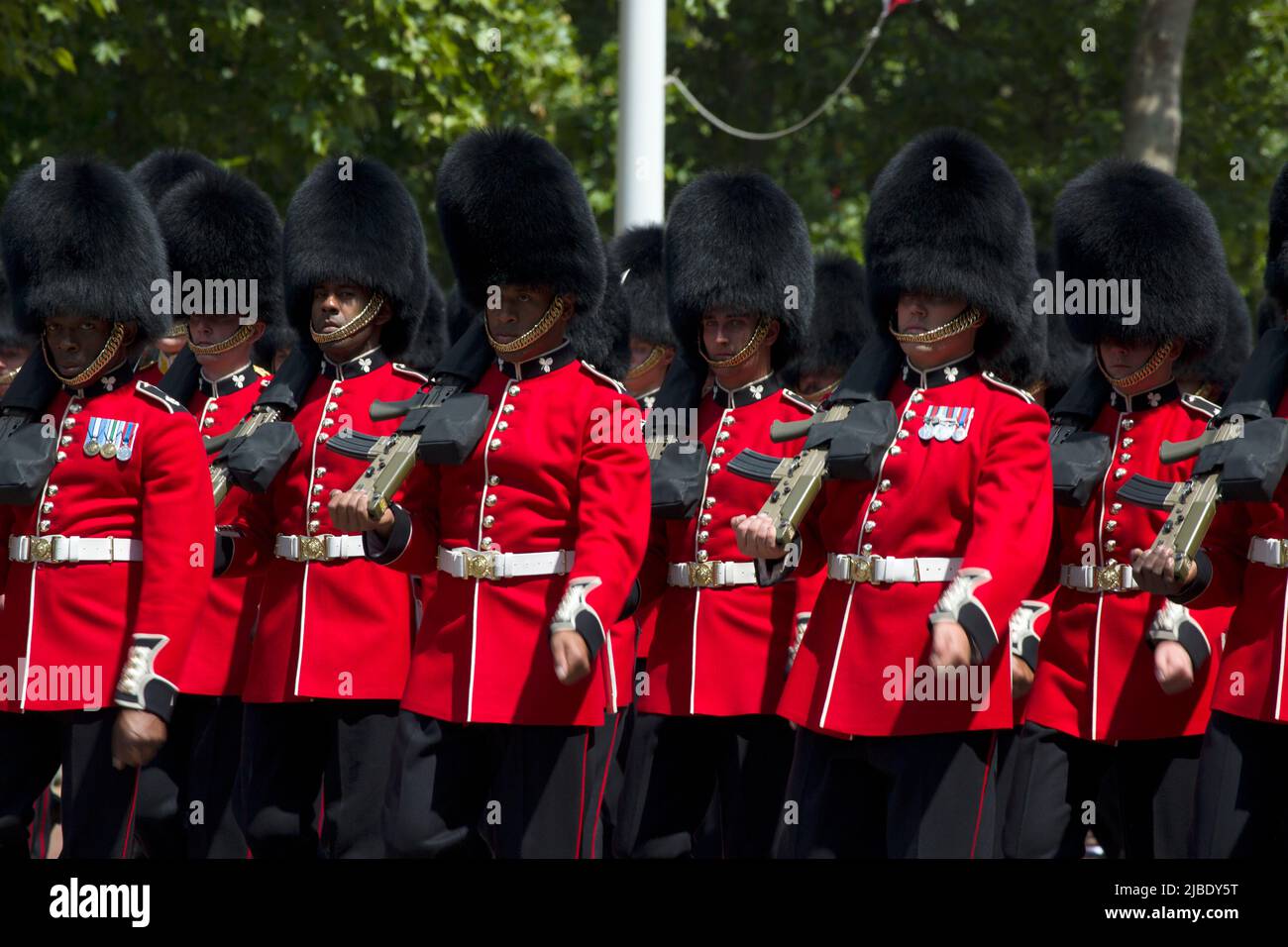 Irish Guardsmen Parading The Queen's Platinum Jubilee Trooping The Colour Color The Mall London Stock Photo