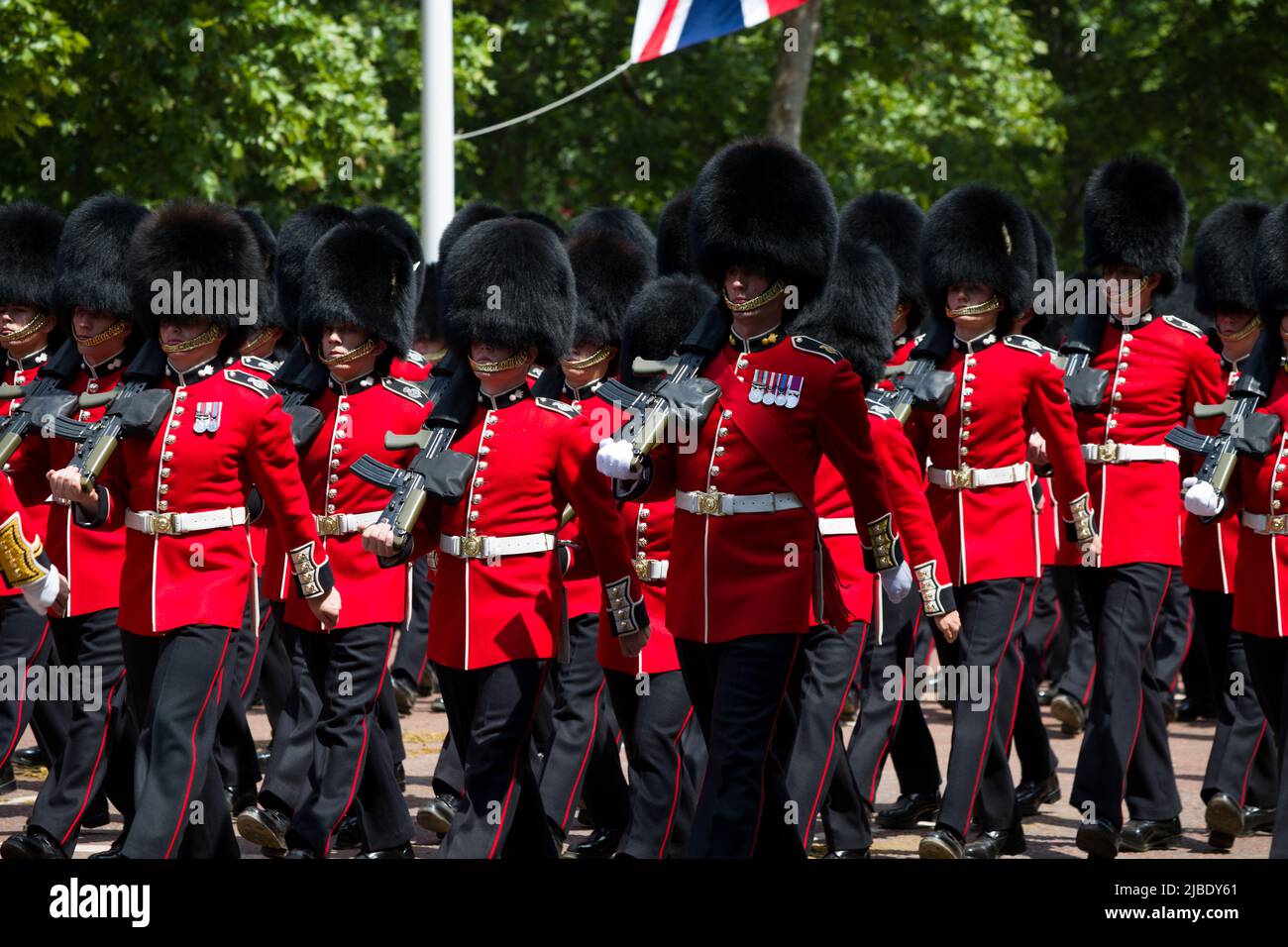 Grenadier Guardsmen Parading The Queen's Platinum Jubilee Trooping The Colour Color The Mall London Stock Photo