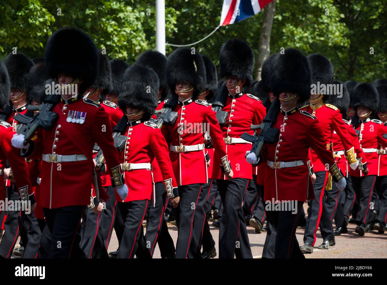 Grenadier Guardsmen Parading The Queen's Platinum Jubilee Trooping The Colour Color The Mall London Stock Photo