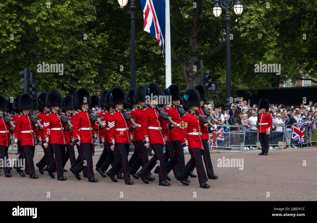 Guards Marching The Queen's Platinum Jubilee Trooping The Colour Color The Mall London Stock Photo