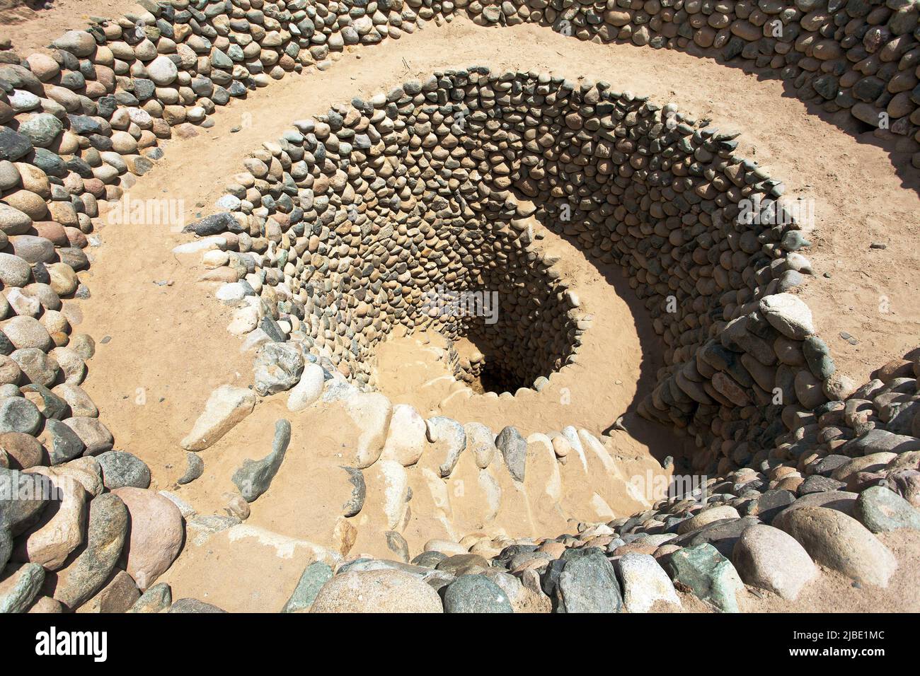 Cantalloc Aqueduct in Nazca or Nazca town, spiral  or circle aqueducts or wells, Peru, Inca architecture and culture Stock Photo