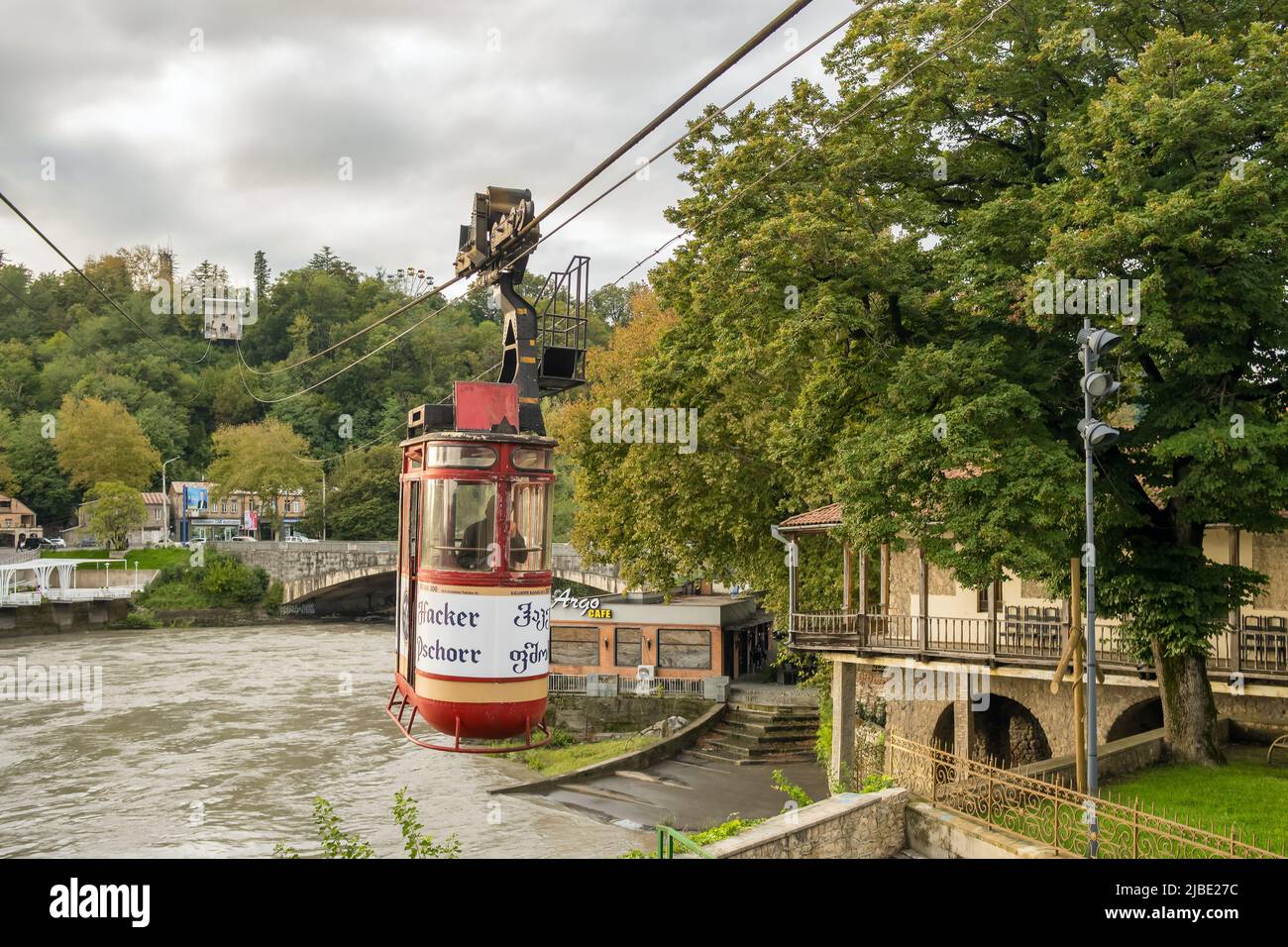Vintage cable car in the city center of Kutaisi at cloudy day, Georgia. Stock Photo