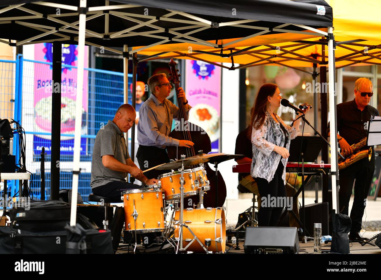 A band performs at a street jazz festival in Galt, ON, Canada in June 2022. Stock Photo