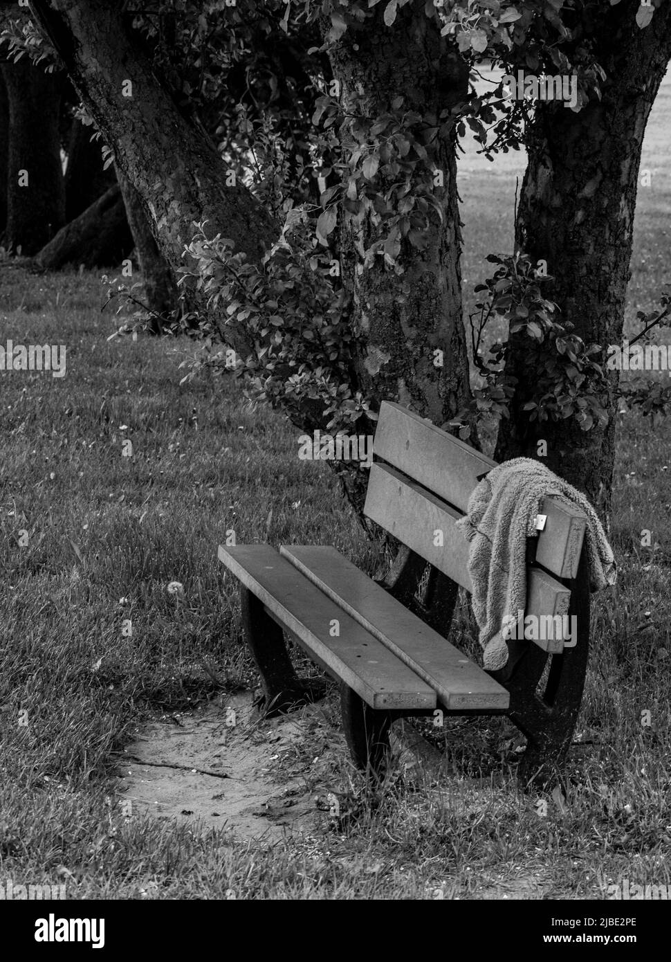 A Minimalist photo of a lone bench in a park, with a sweater left on it, giving a feeling of abandoned - stock photography Stock Photo