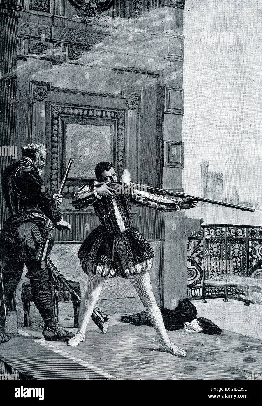 The 1906 caption reads: “CHARLES IX. DURING THE ST. BARTHOLOMEW MASSACRE.—This awful murder of the French Protestants was consented to with reluctance by the weak and sickly young king. Once it had begun, however, he is said to have been seized with a frenzy, and standing before his palace, he grasped a gun, and with an attendant helping him to reload, he fired repeatedly at the fleeing victims.” The St. Bartholomew's Day Massacre happened in 1572 in Paris, France (Charles IX was king). It marked the turning point in the French Wars of Religion (1562-1598) involved the assassinations of the le Stock Photo