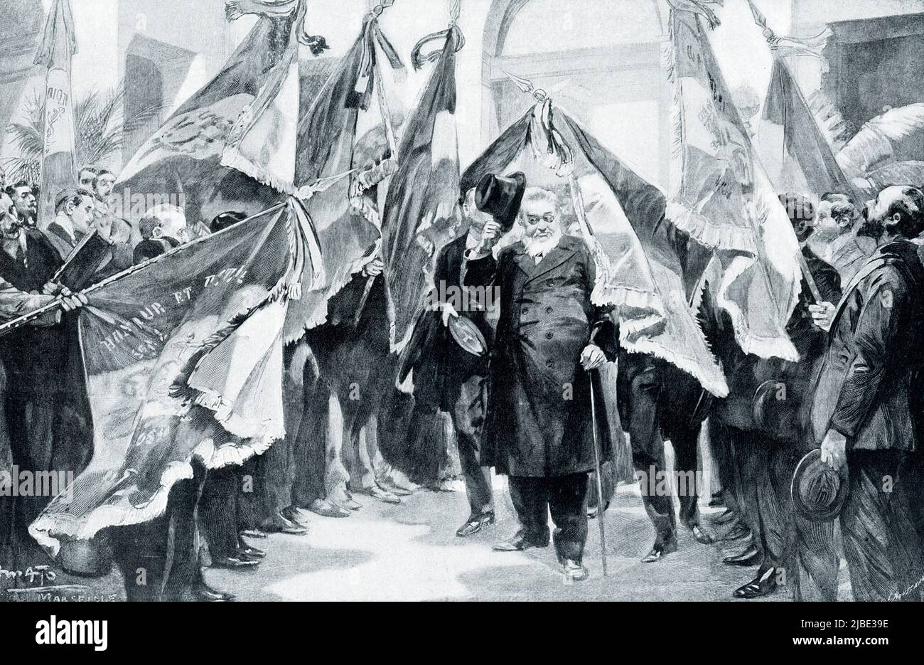 The 1906 caption reads: “PRESIDENT KRUGER'S RECEPTION AT MARSEILLES.—This picture brings us down to today and the Boers' brave struggle for freedom. France showed such sympathy for the Boers as to cause much hard feeling and some diplomatic difficulties between her and England. When the 'grand old man' of South Africa arrived, in France to beg for European aid, he was given an official reception there, and passed as you see him here along a whole avenue of French flags.”  Stephanus Johannes Paulus Kruger (or just Paul Kruger) (1825–1904) was the president of the South African Republic (sometim Stock Photo