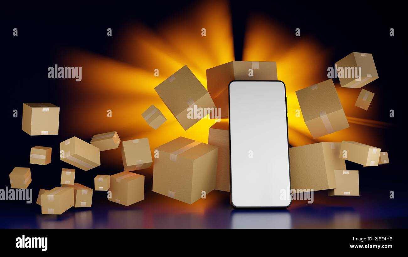 Mobile phone or smartphone with brown cardboard boxes parcel, online