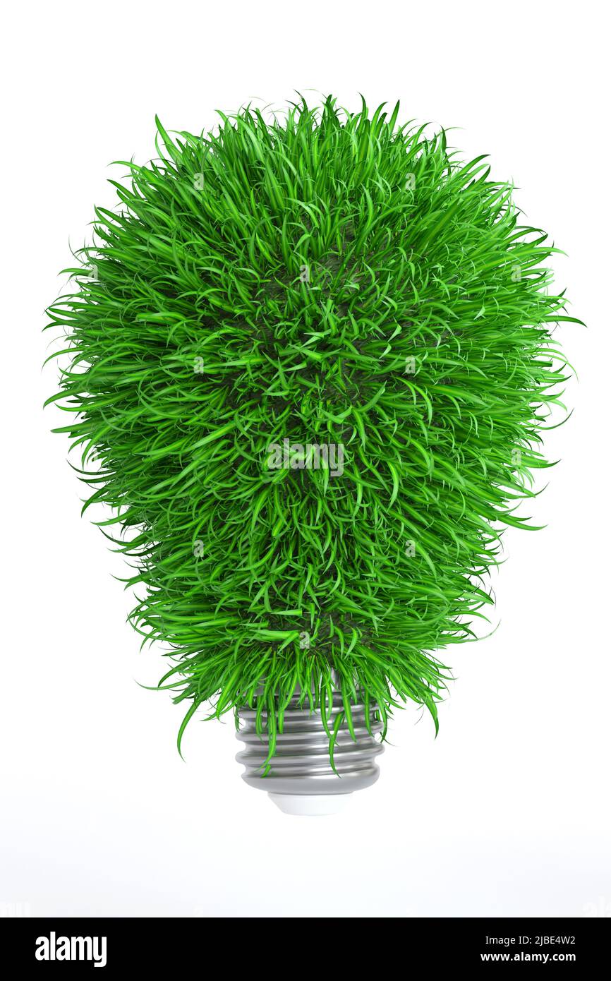 Light bulb from green leaf grass, eco save energy concept, 3D rendering ...