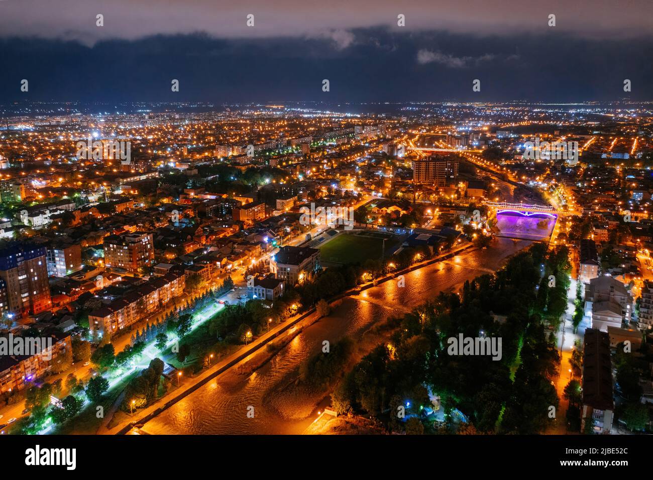 Vladikavkaz, capital of North Ossetia. Panorama from drone flight. Stock Photo
