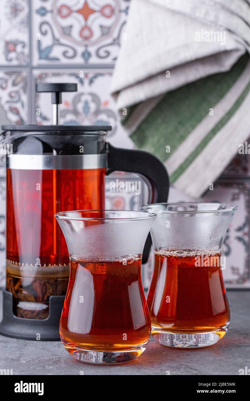 black tea in a glass of armudu Stock Photo Alamy