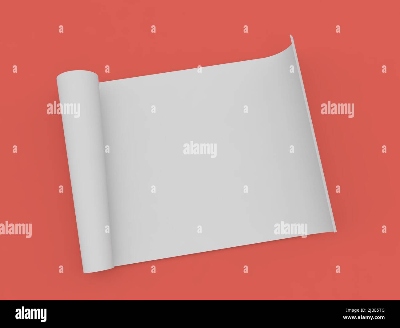 Rolled up roll of white paper A4 size on a red background. 3d render illustration. Stock Photo