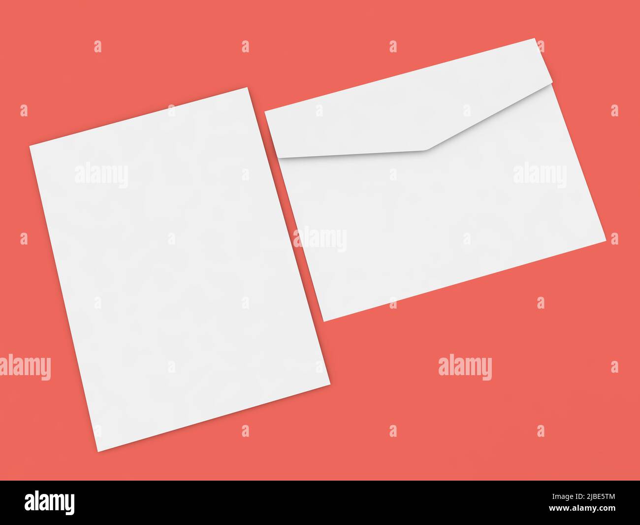 Paper envelope and sheet of a4 paper on a red background. 3d render illustration. Stock Photo