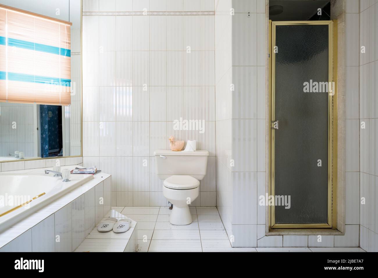 A 1980s designed bathroom inside an abandoned home. This house has since been demolished. Stock Photo