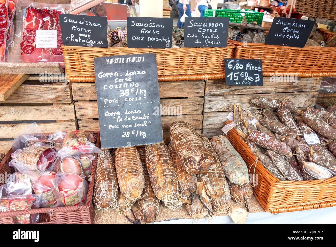 Cured ham stall, Marcatu d'Aiacciu, Boulevard du Roi Jerome, Ajaccio