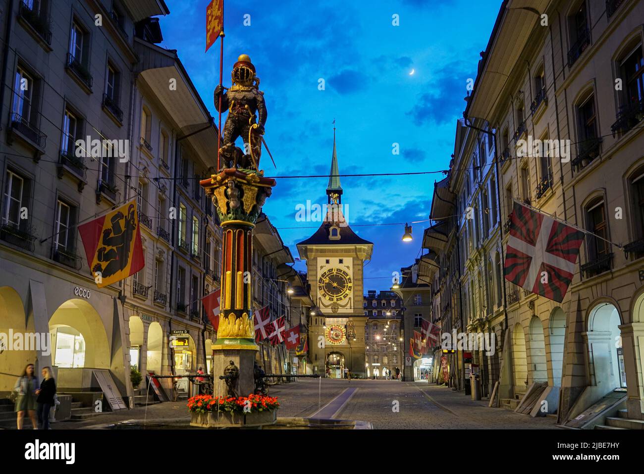 Night scene along Kramgasse in the old town featuring the Zytglogge Clock Tower. Bern, Switzerland - Junew 2022 Stock Photo