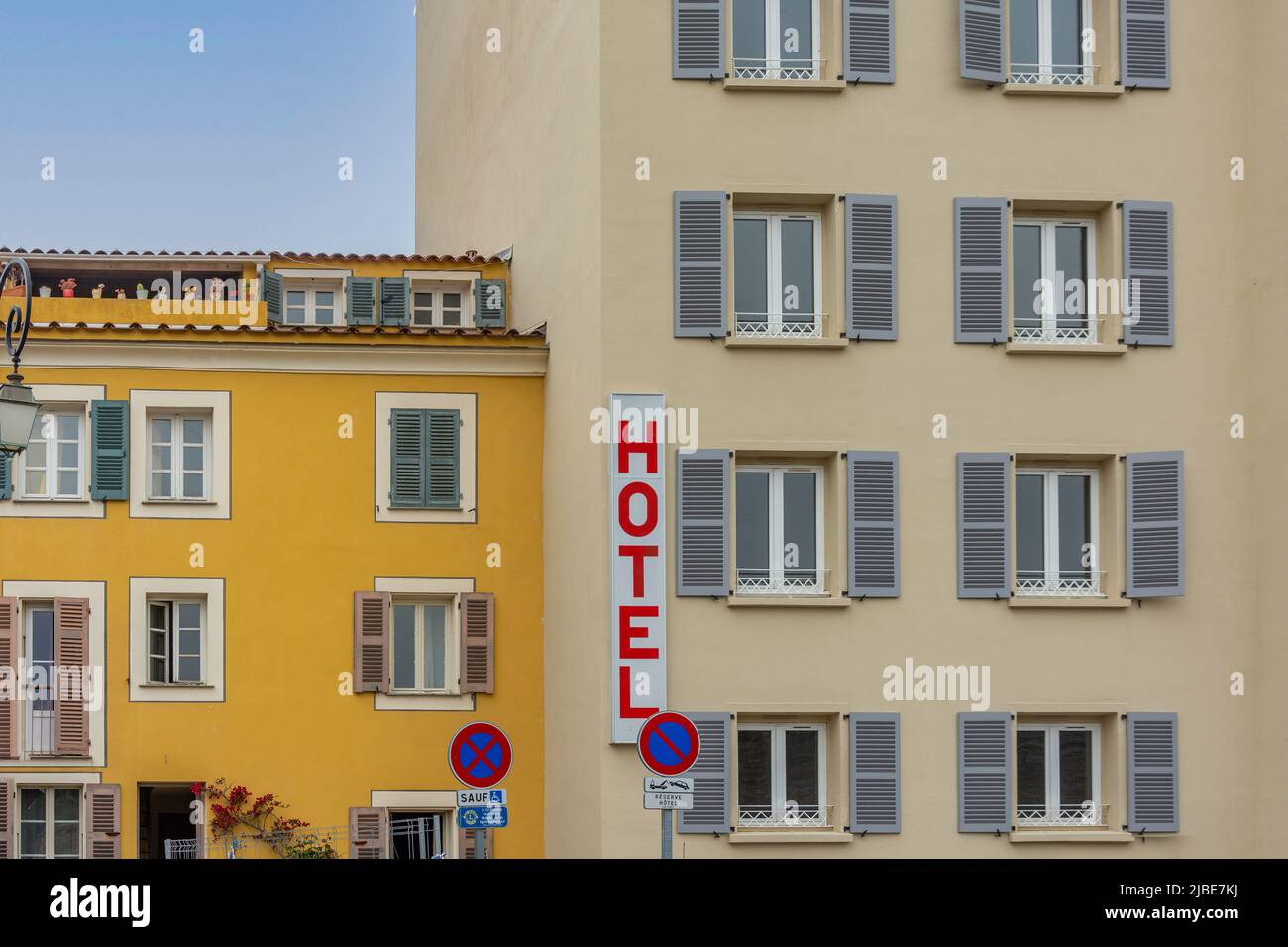 Traditional hotel frontage on seafront, Ajaccio, Corsica (Corse), Corse-du-Sud, France Stock Photo