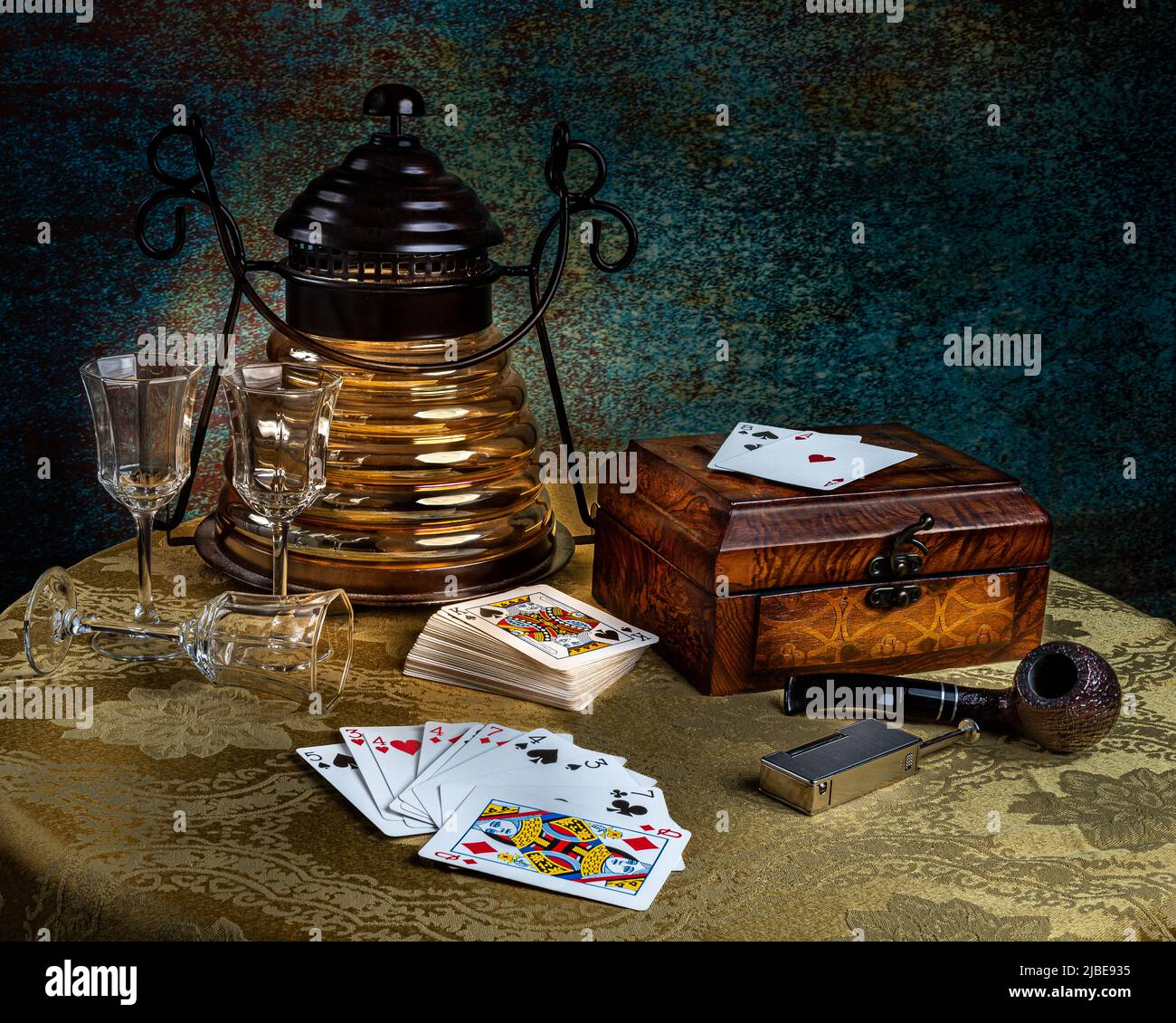 Illustration. A card game scene with a lantern, smoking a pipe and drinking alcohol. Stock Photo