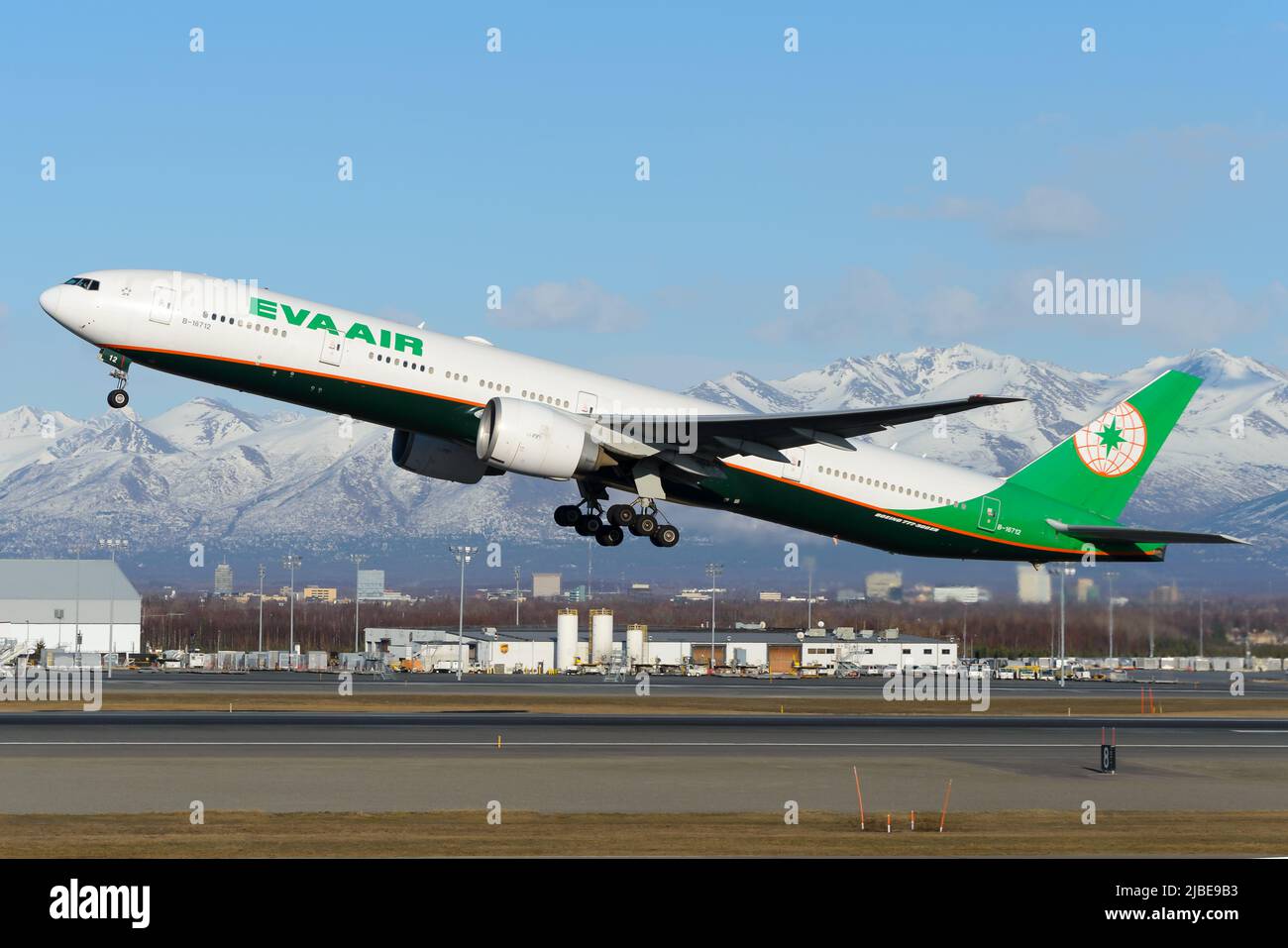 EVA Air Boeing 777 airplane taking off. Aircraft B777300ER of