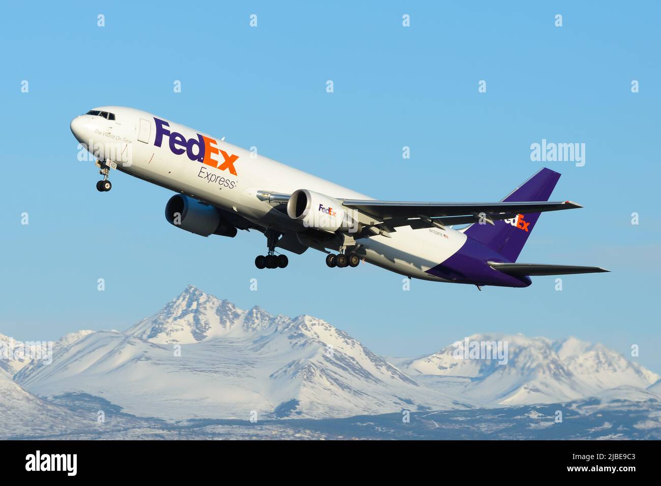 FedEx Boeing 767 cargo airplane taking off from Anchorage. Aircraft to carry freight of Fedex. B767-300F also know as 767F. Stock Photo
