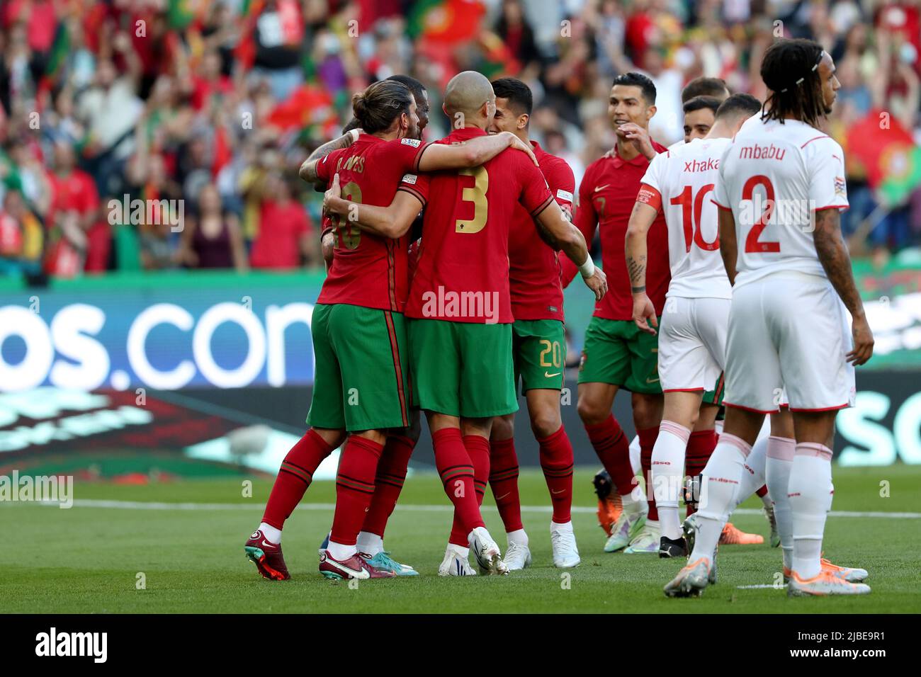 Lisbon, Portugal. 5th June, 2022. William Carvalho of Portugal celebrates with teammates after scoring during the UEFA Nations League, league A group 2 match between Portugal and Switzerland at the Jose Alvalade stadium in Lisbon, Portugal, on June 5, 2022. (Credit Image: © Pedro Fiuza/ZUMA Press Wire) Stock Photo