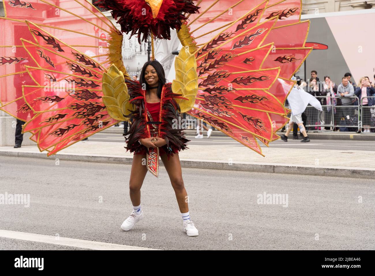 London UK, 5th June 2022. woman street dancer at The pageant for the Queen  Elizabeth II's Platinum Jubilee celebration in central London. Large Crowds  line the street along the Mall and Whitehall