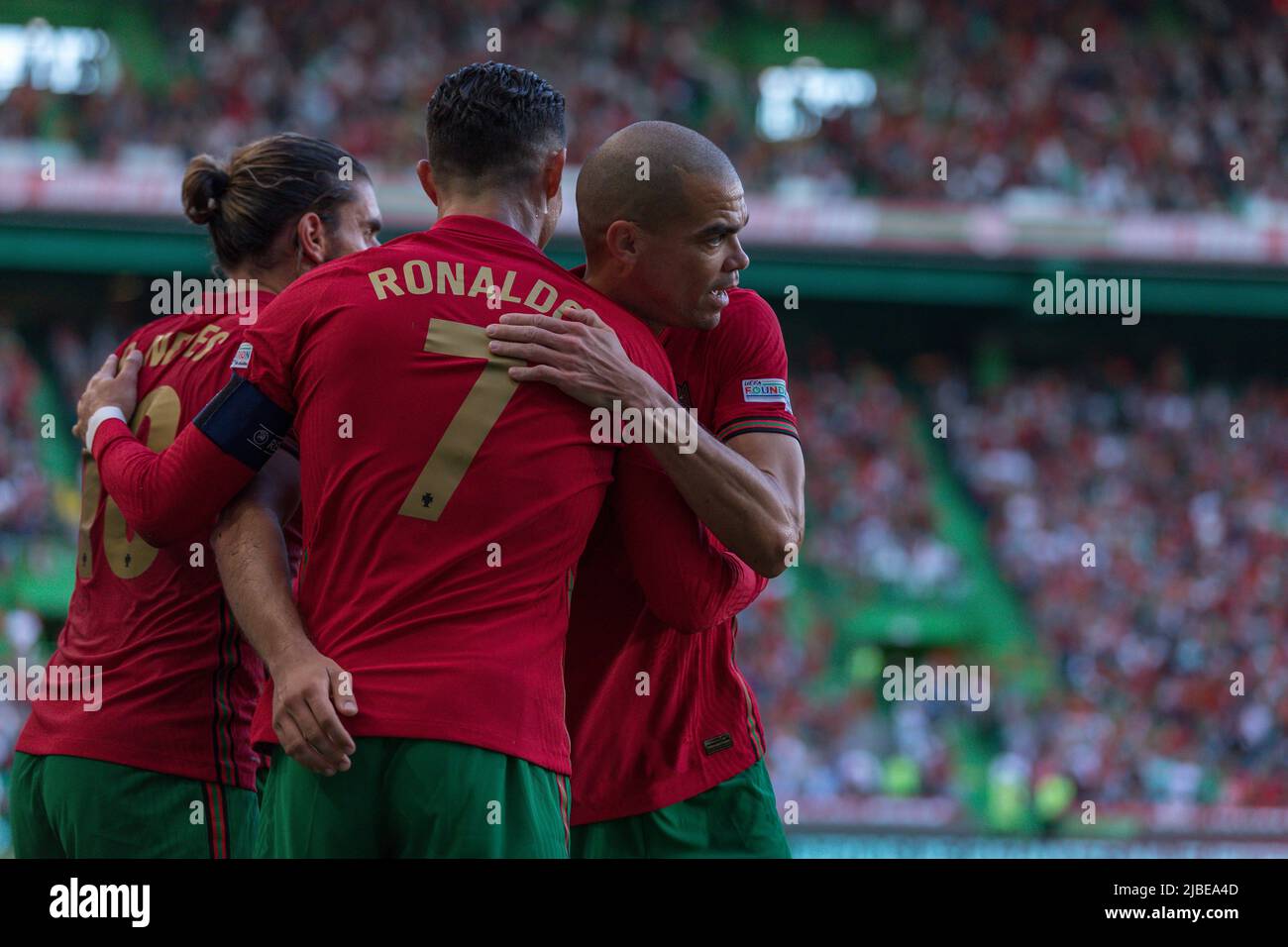 June 05, 2022. Lisbon, Portugal. Portugal's and Manchester United forward Cristiano Ronaldo (7) celebrating with Portugal's and Wolverhampton midfielder Ruben Neves (18) and PortugalÕs and Porto defender Pepe (3) after scoring a goal during the UEFA Nations League Final Tournament between Portugal and Switzerland Credit: Alexandre de Sousa/Alamy Live News Stock Photo