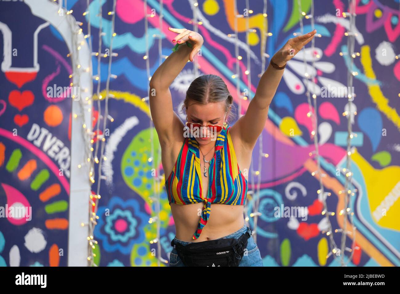 Ta' Qali, Malta. 5th June, 2022. A woman dances during the Earth Garden festival at the National Park in Ta' Qali, Malta, on June 5, 2022. The three-day festival aimed at increasing public awareness of environmental protection concluded here on Sunday. Credit: Jonathan Borg/Xinhua/Alamy Live News Stock Photo