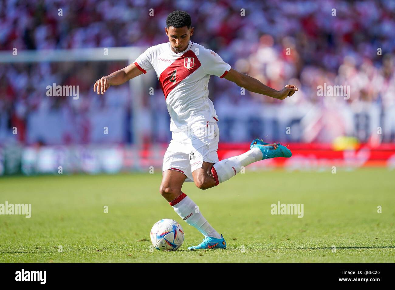Barcelona, Spain. June 5, 2022, Marcos Lopez of Peru during the friendly match between Peru and New Zealand played at RCDE Stadium on June 5, 2022 in Barcelona, Spain. (Photo by Bagu Blanco / PRESSINPHOTO) Stock Photo