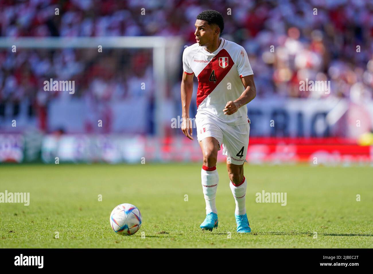 Barcelona, Spain. June 5, 2022, Marcos Lopez of Peru during the friendly match between Peru and New Zealand played at RCDE Stadium on June 5, 2022 in Barcelona, Spain. (Photo by Bagu Blanco / PRESSINPHOTO) Stock Photo