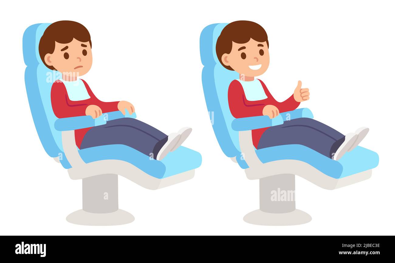 Cute cartoon boy sitting in dental chair, scared and happy giving thumb up. Funny children at dentist visit, isolated clip art illustration. Stock Vector