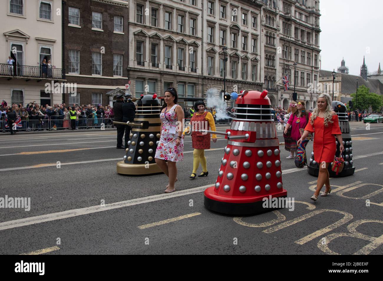 London, UK. 5th June 2022. Daleks take part in the Platinum Jubilee Pageant to mark her Majesty's 70 years on the throne. The 3km parade is led by the golden state coach, a 260 year old carriage that carried the Queen to and from her coronation in 1953.  Credit: Kiki Streitberger / Alamy Live News Stock Photo