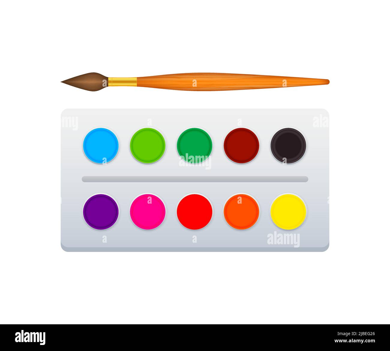 Cartoon paintbrush and palette of paints seven colors of rainbow