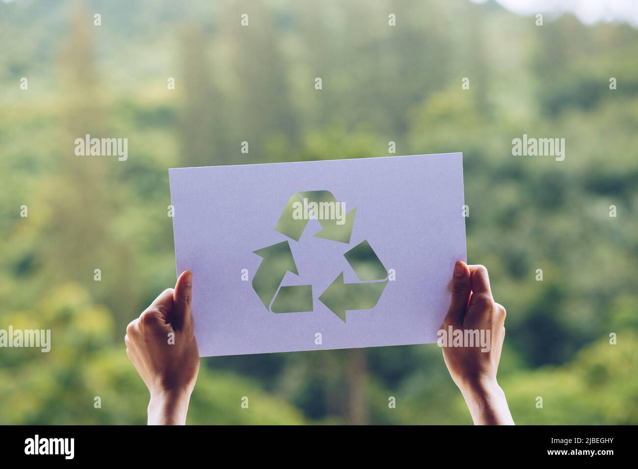 save world ecology concept environmental conservation with hands holding cut out paper recycle