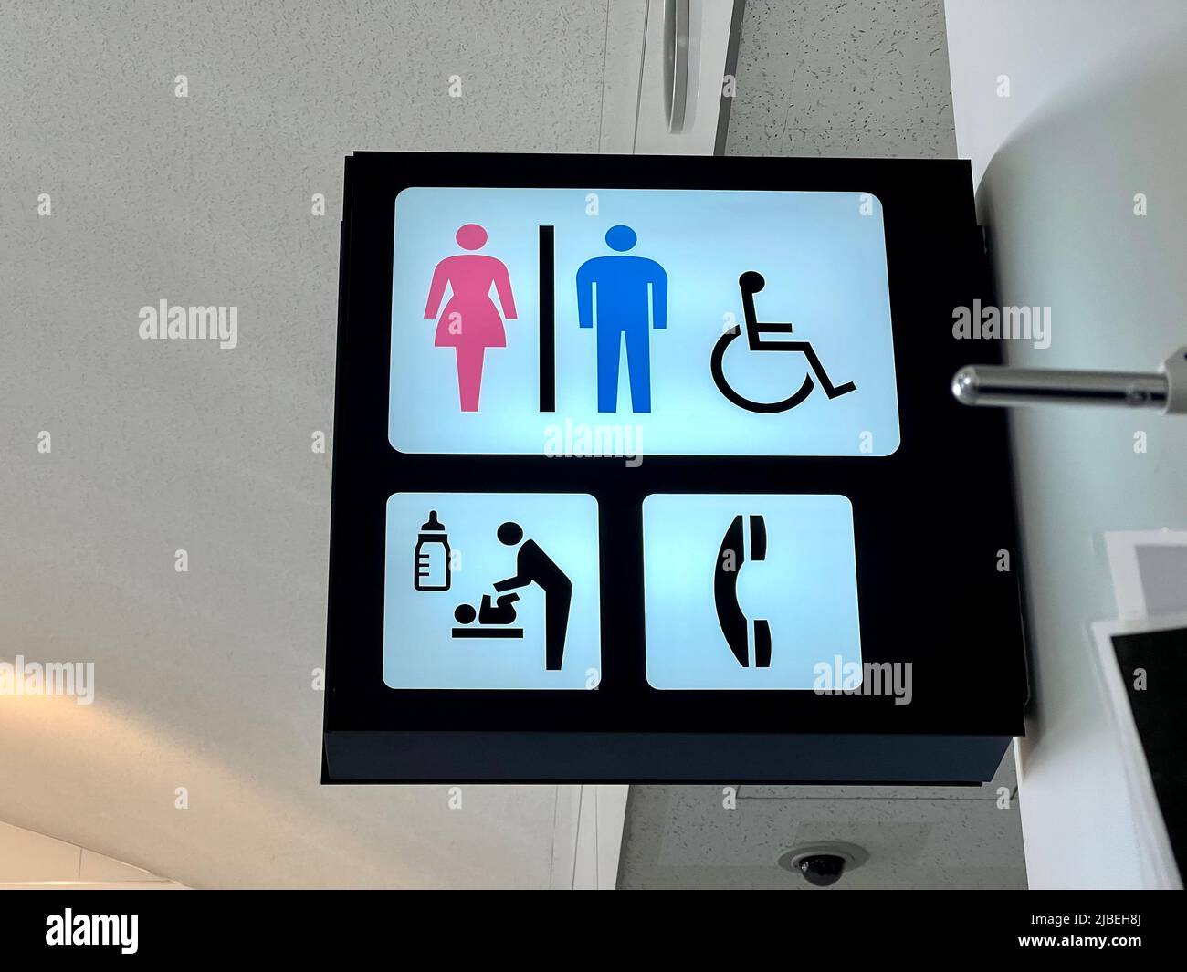 Toilet, bathroom, and telephone corner signage Stock Photo Alamy
