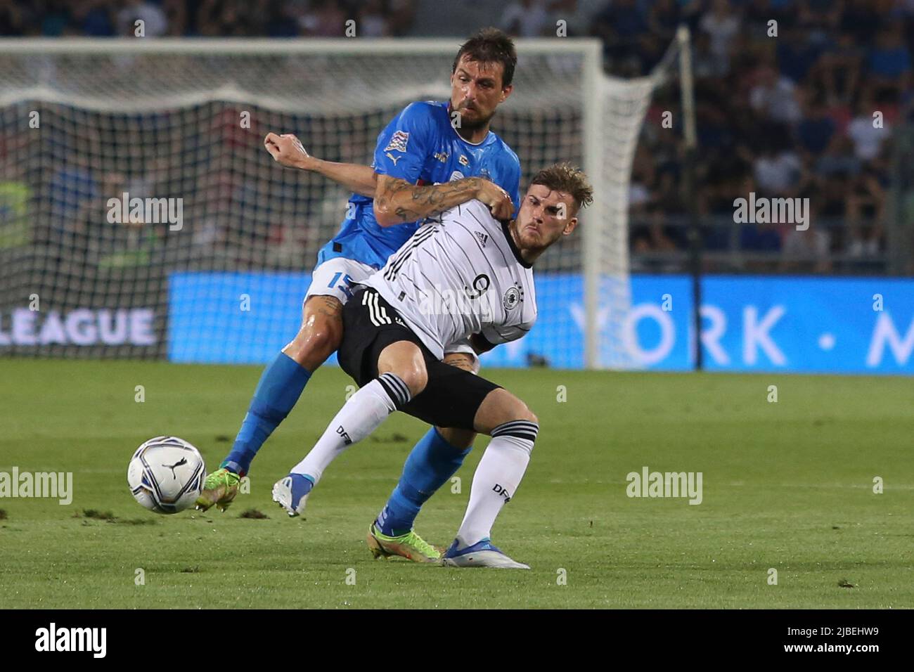 Bologna, Italy, on June 04, 2022. Francesco Acerbi of Italy battle for the ball with Timo Werner
