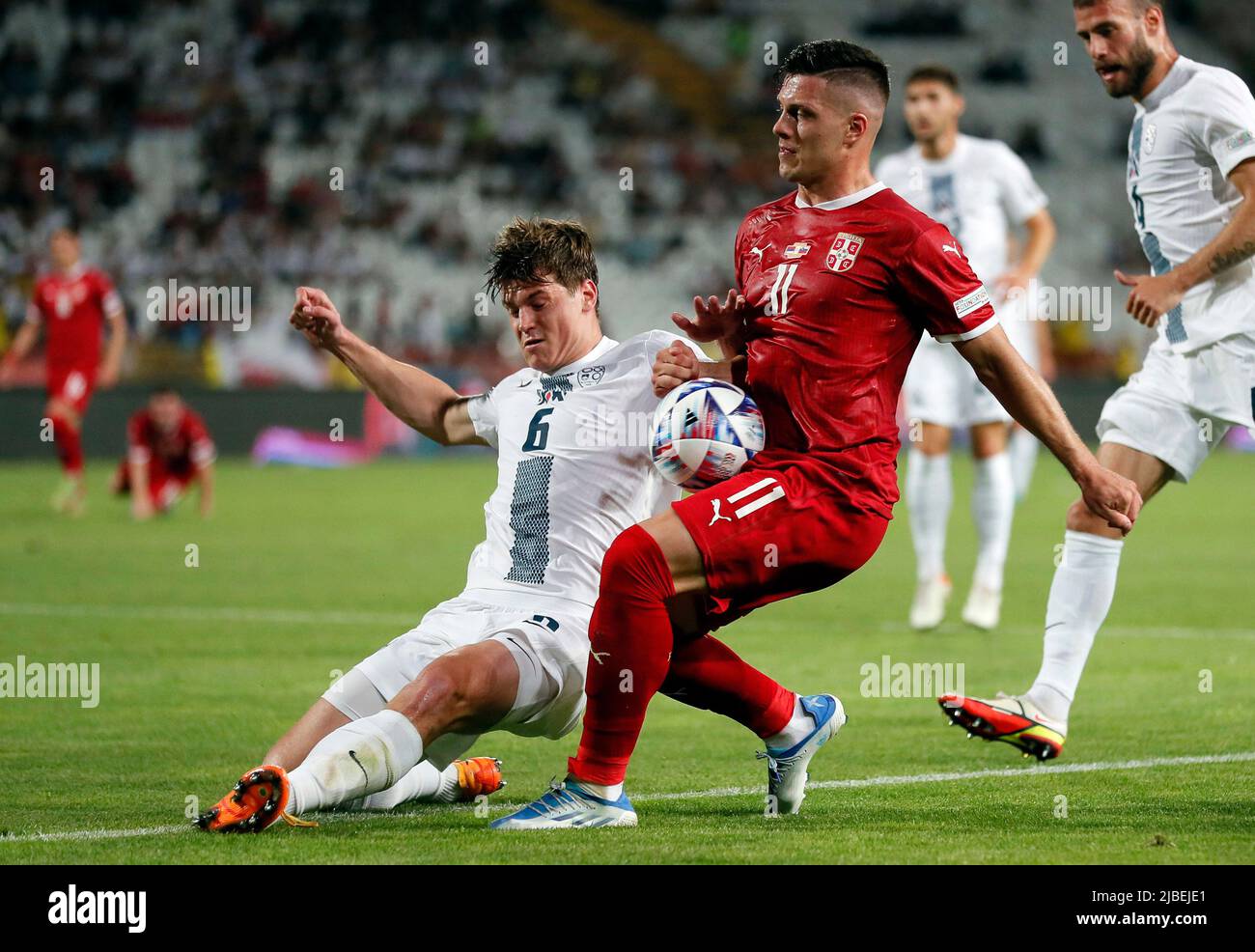 Belgrade, Serbia. 5th June, 2022. Serbia's Luka Jovic (R) vies with  Slovenia's Jaka Bijol during their UEFA Nations League football match in  Belgrade, Serbia, on June 5, 2022. Credit: Predrag  Milosavljevic/Xinhua/Alamy Live