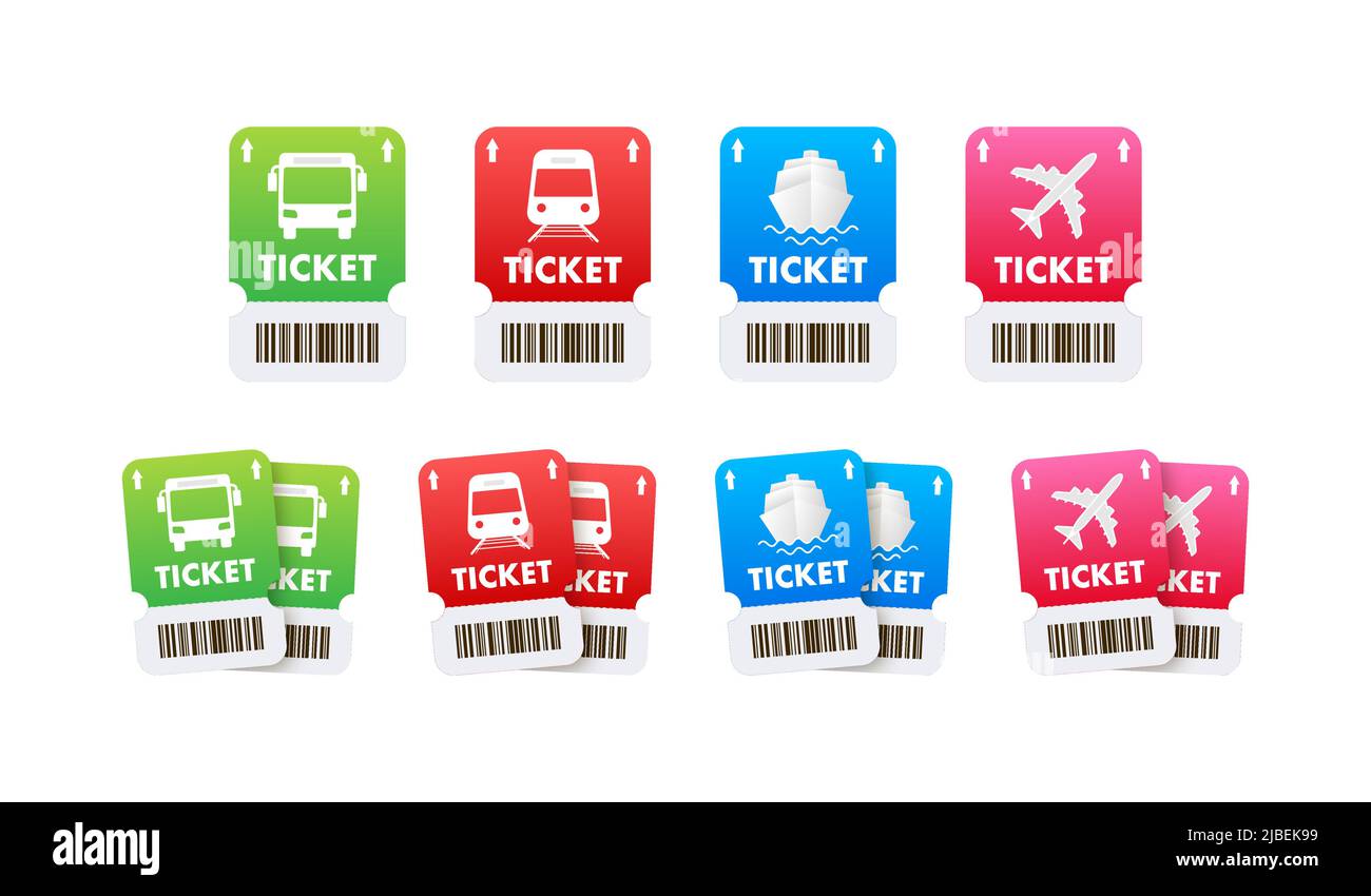 Travel tickets for bus, plane and train. Isolated subway and railway