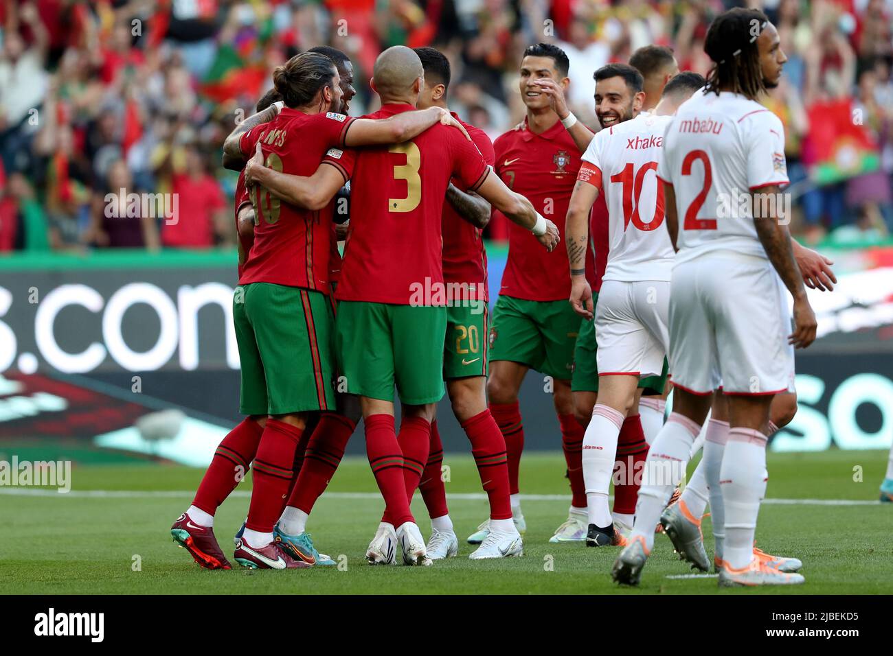 Lisbon, Portugal. 5th June, 2022. Portugal's players celebrate a goal by William Carvalho during the UEFA Nations League football match between Portugal and Switzerland in Lisbon, Portugal, on June 5, 2022. Credit: Pedro Fiuza/Xinhua/Alamy Live News Stock Photo