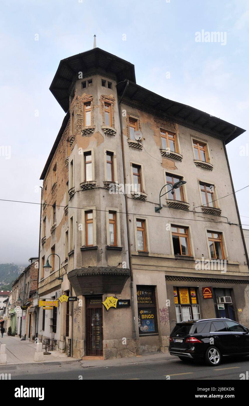 Beautiful old buildings damaged during the Bosnian war in the mid 90s and still await restoration. Sarajevo, Bosnia & Herzegovina. Stock Photo