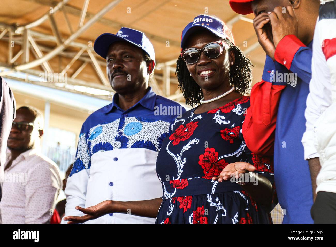 Azimio Coalition running mate, Martha Karua (c) reacts during a ...
