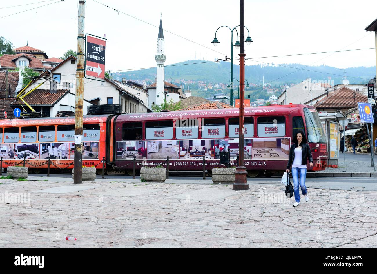 A tram in Baščaršija, Sarajevo, Bosnia & Herzegovina. Stock Photo