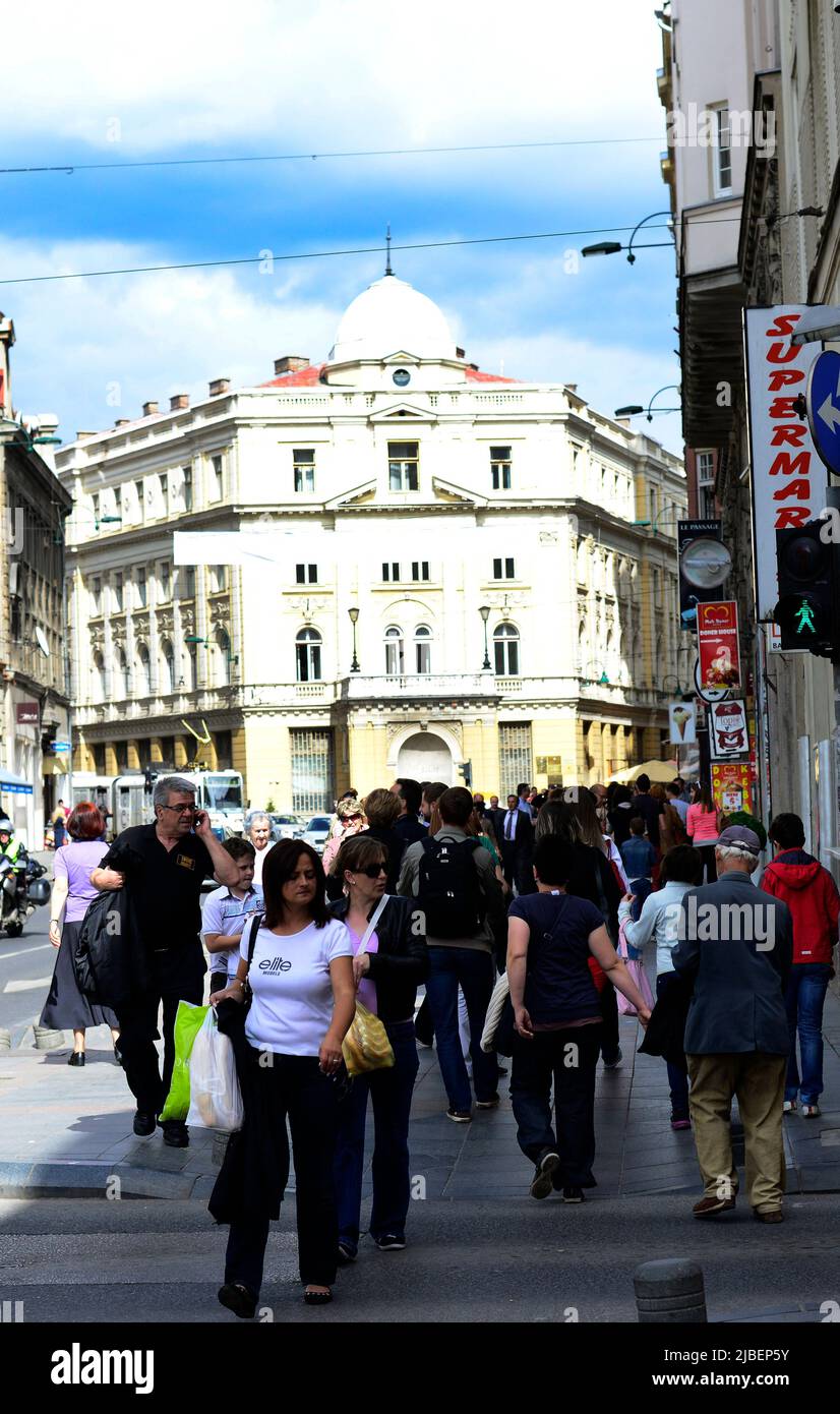 The vibrant Maršala Tita street in Sarajevo, Bosnia & Herzegovina. Stock Photo