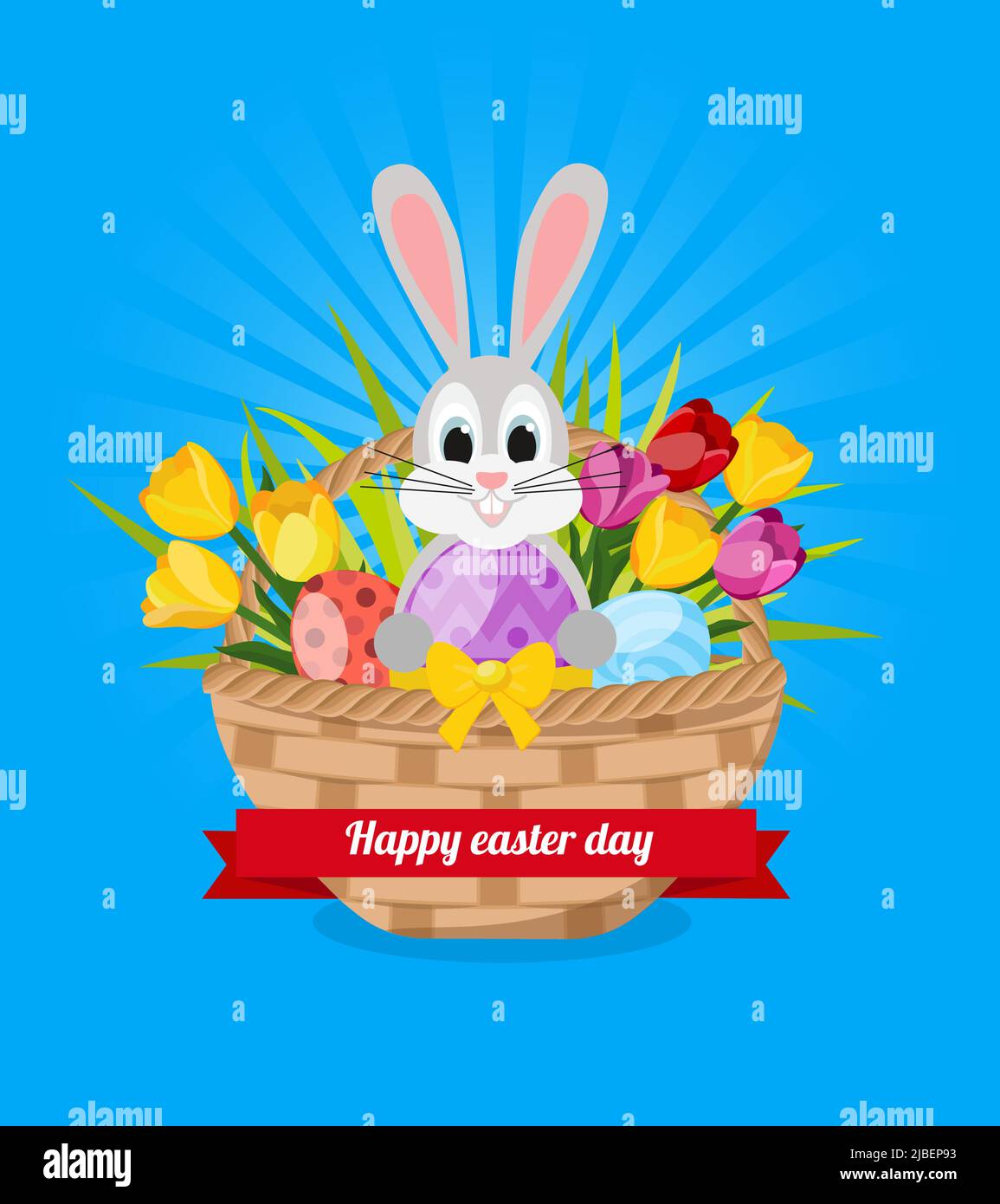 Happy easter design with cheerful bunny tulips painted eggs in basket rays on blue background vector illustration Stock Vector