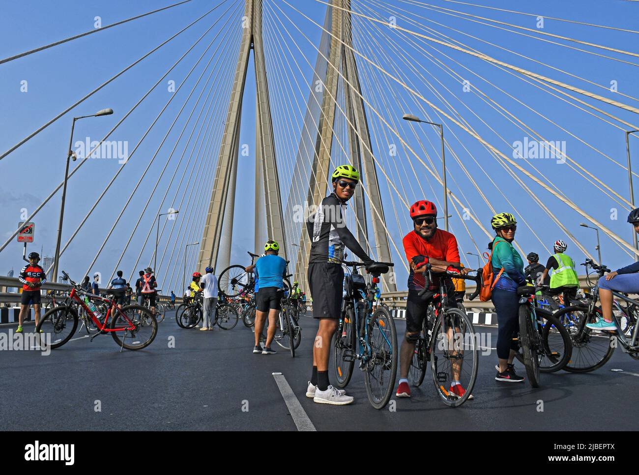 People cycle on Bandra Worli Sea Link on the occasion of World