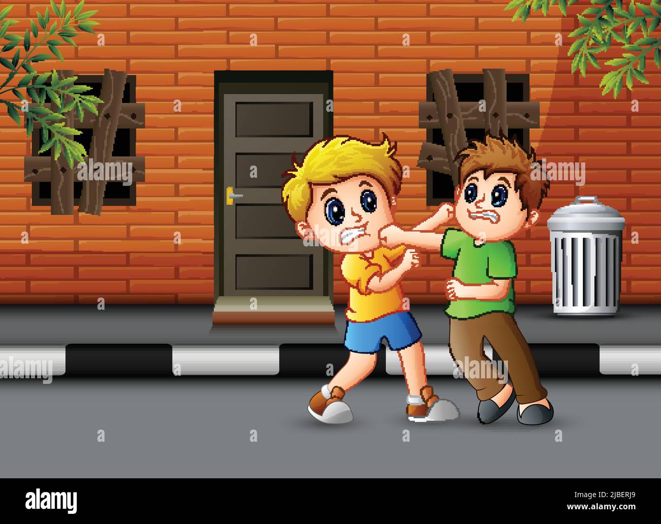 Cartoon two boys fighting in the road Stock Vector