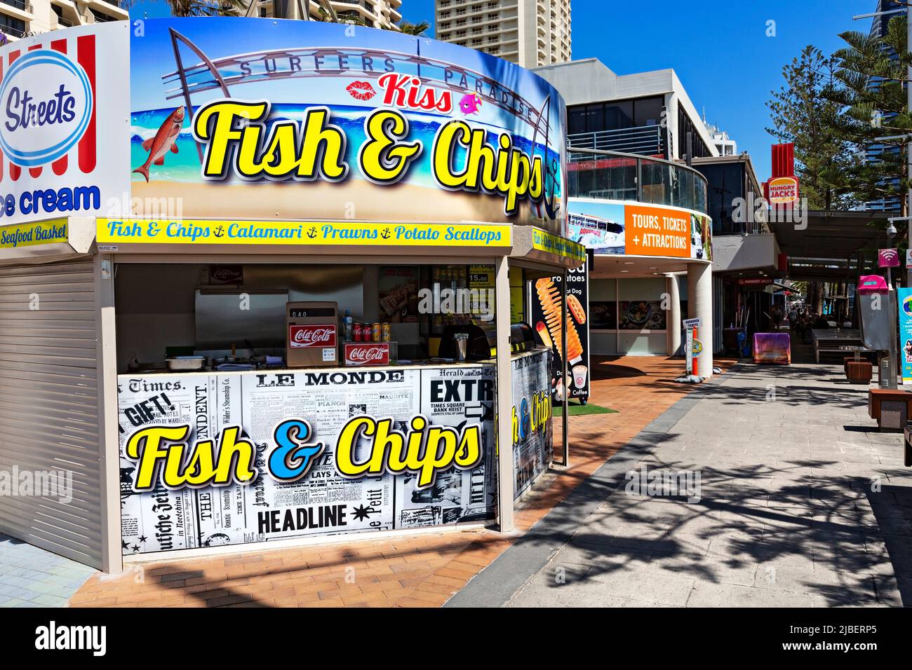 Queensland Australia /  Colourful signage above a Fisn & Chip eatery in Surfers Paradise. Stock Photo