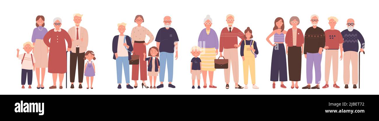 Big family portrait set vector illustration. Cartoon large group of old and young relatives standing together, grandpa and grandma, parents and children isolated on white. Generation, love concept Stock Vector