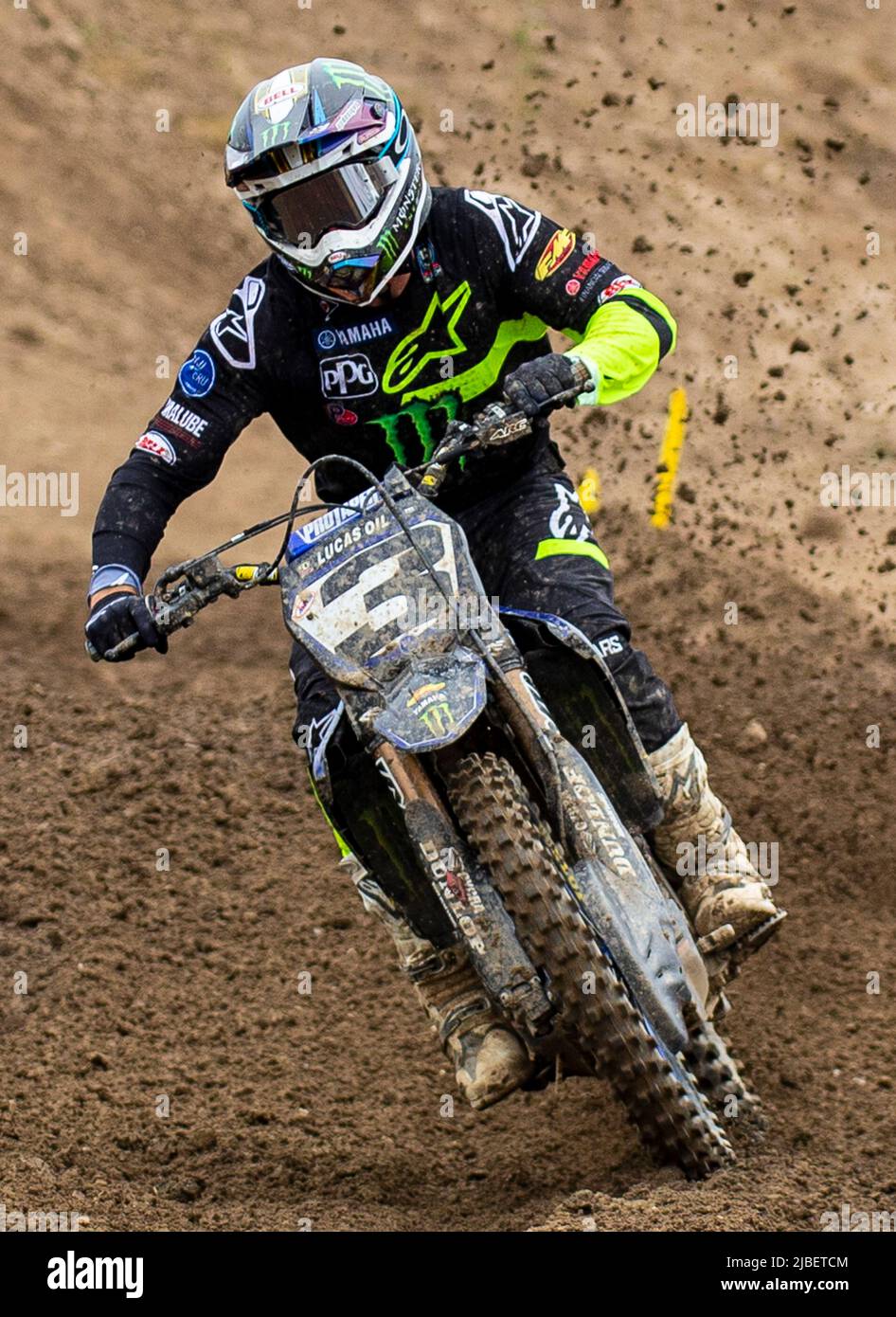 Cordova, CA, June 04 2022 Rancho Cordova, CA USA Eli Tomac coming out of turn 23 during the Lucas Oil Pro Motocross Hangtown Classic 450 Group A qualifying at Hangtown Rancho Cordova, CA Thurman James/CSM Stock Photo