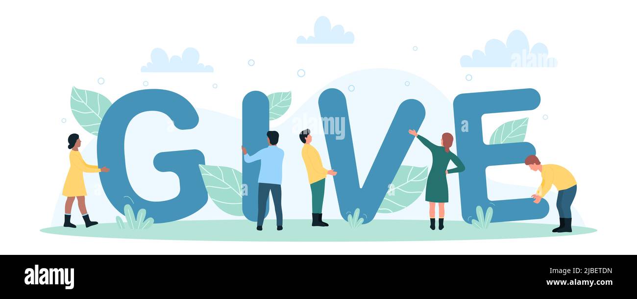 Charity donation poster with tiny volunteers and give lettering