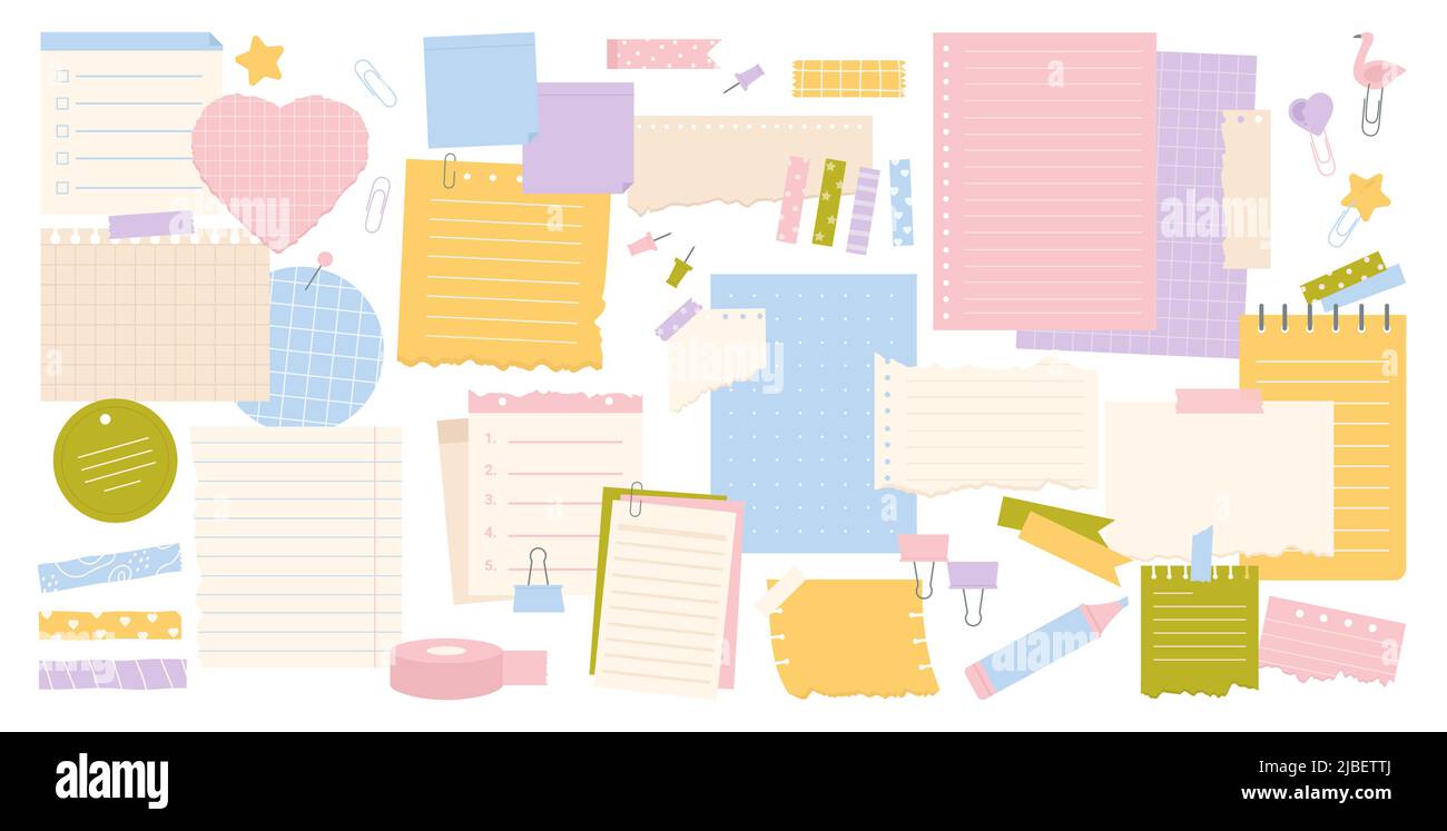 Note paper sheets set vector illustration. Cartoon torn notepaper ...